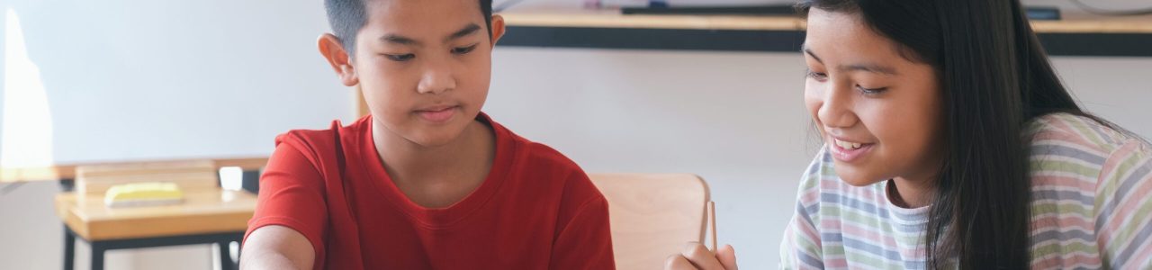 Two primary school kids learning together.